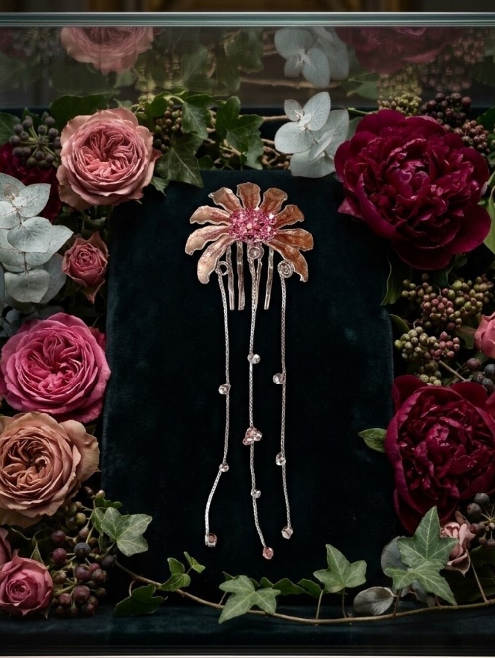 Vintage Rose-Pink Floral Hair Comb with Dangling Crystal Chains